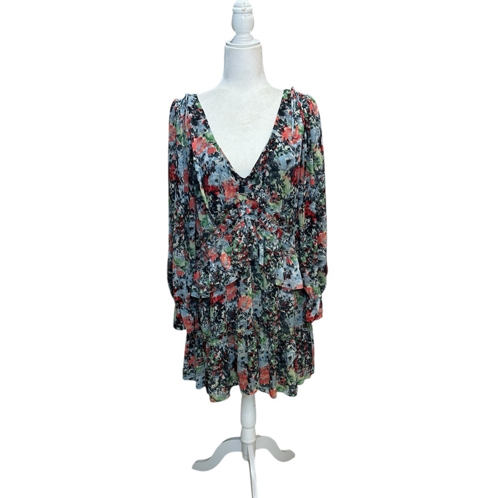 cinq a sept Floral V-Neck Tiered Long-Sleeve Dress in Black, Coral, Green, White - Picture 8 of 9